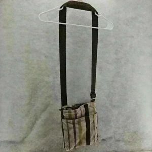 Thirty One Crossbody Canvas Purple Tan Brown‎ Purple Stripe Multiple Pockets